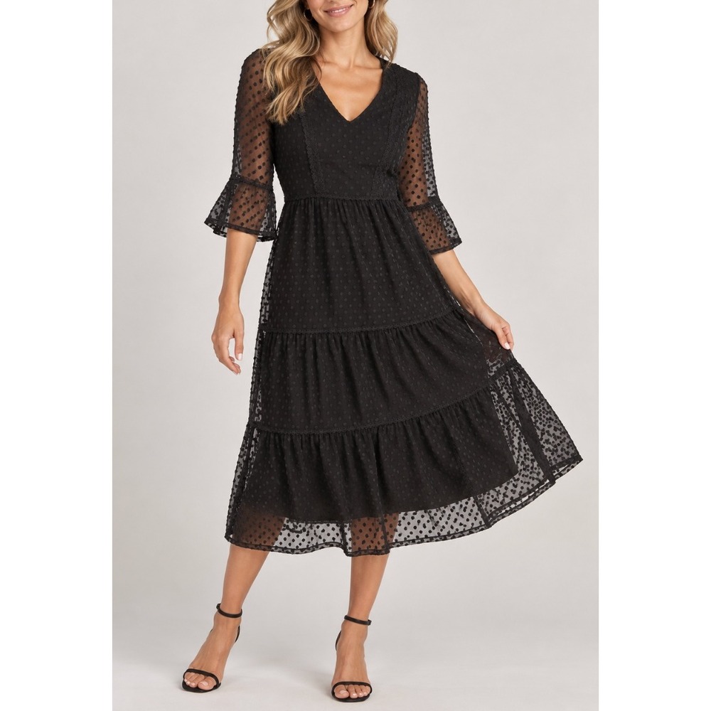 Boden Rosanna Black Polka Dot Mesh Tiered Midi Dress V-Neck Bell Sleeve US 14R